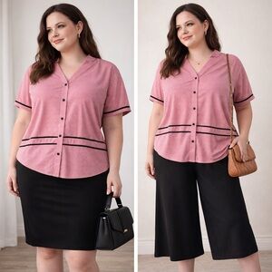 Covington Pink Short-Sleeve Button Front Blouse with Black Trim